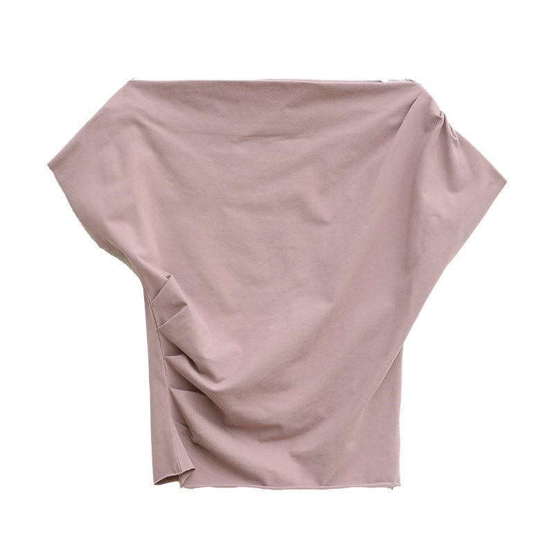 Slant shoulder three-dimensional pull-out pleated slim-fit design short-sleeved T-shirt women
