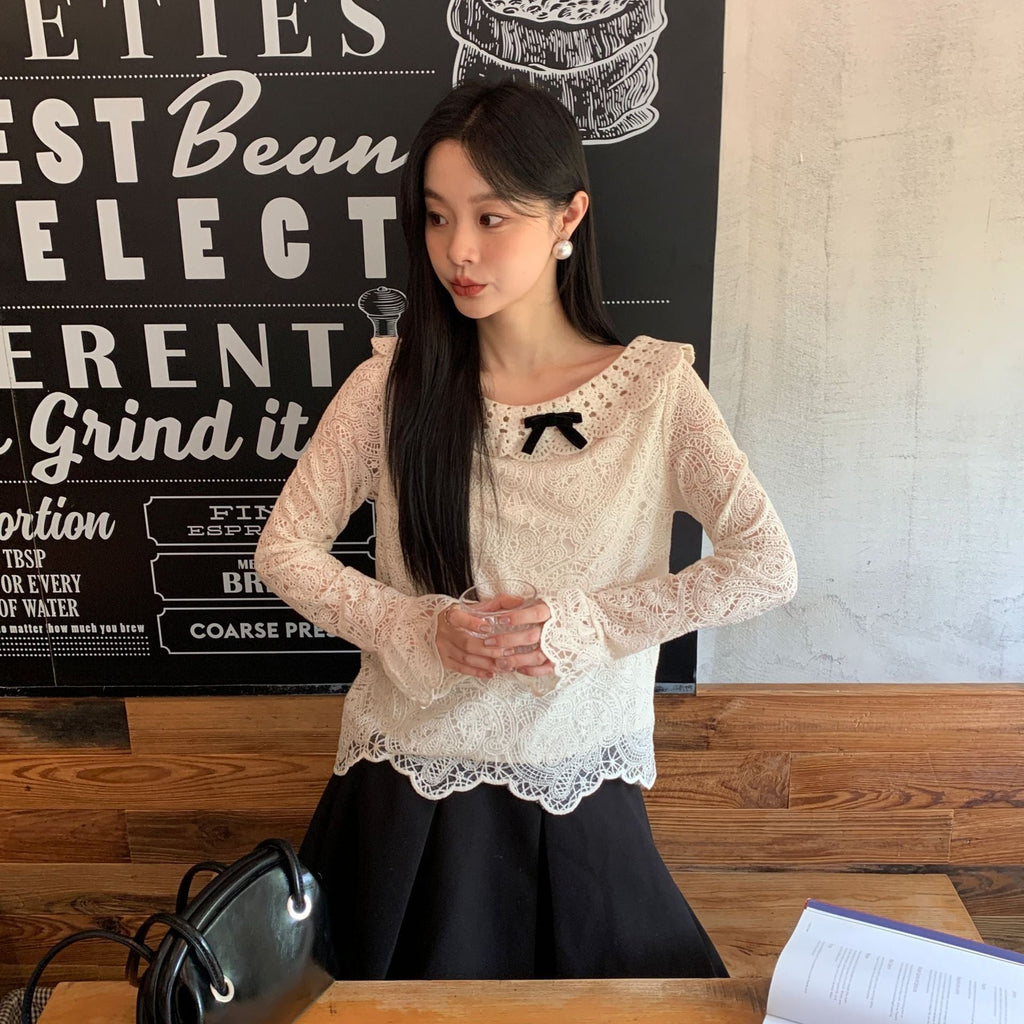 French foreign style sweet bow long sleeve hollow lace top