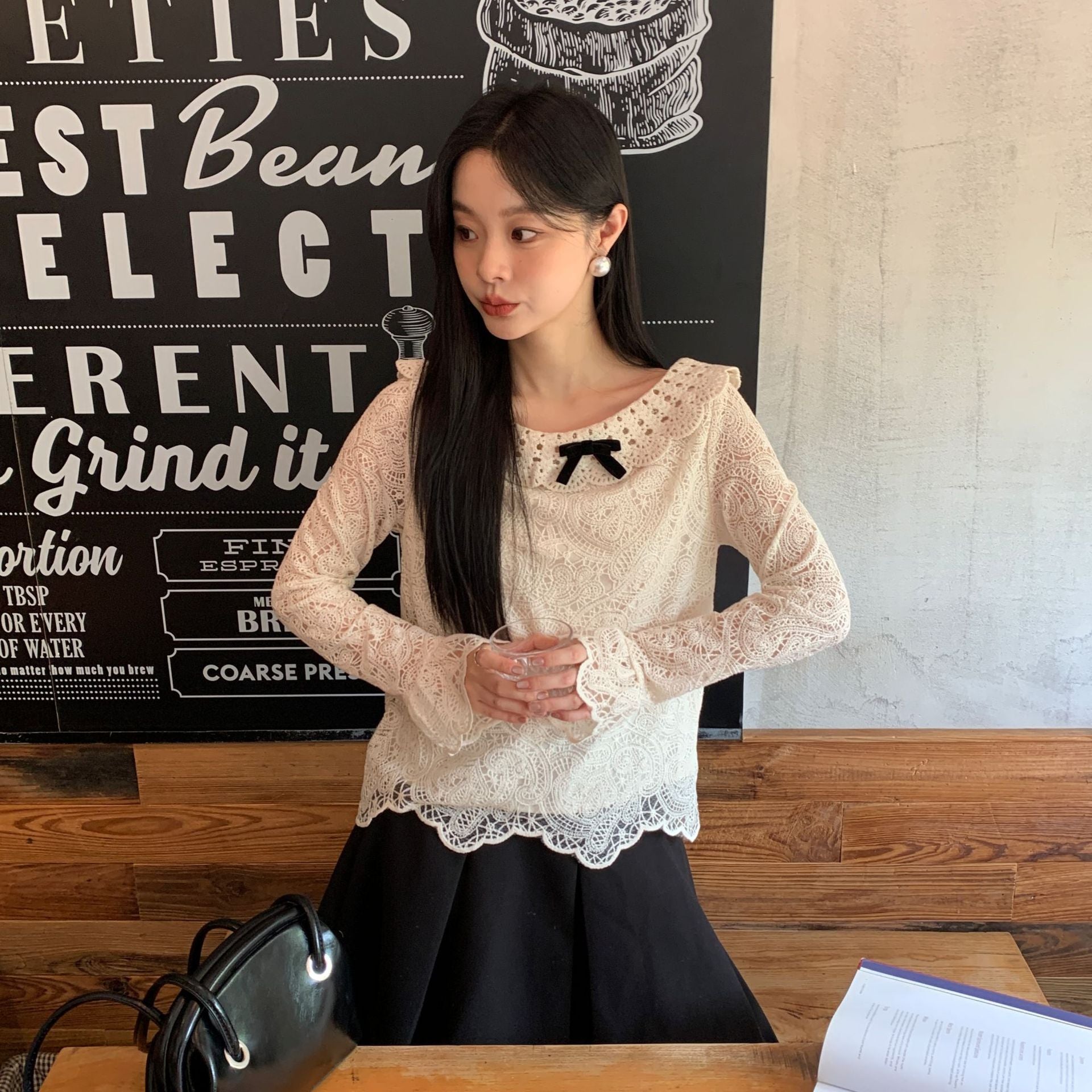 French foreign style sweet bow long sleeve hollow lace top