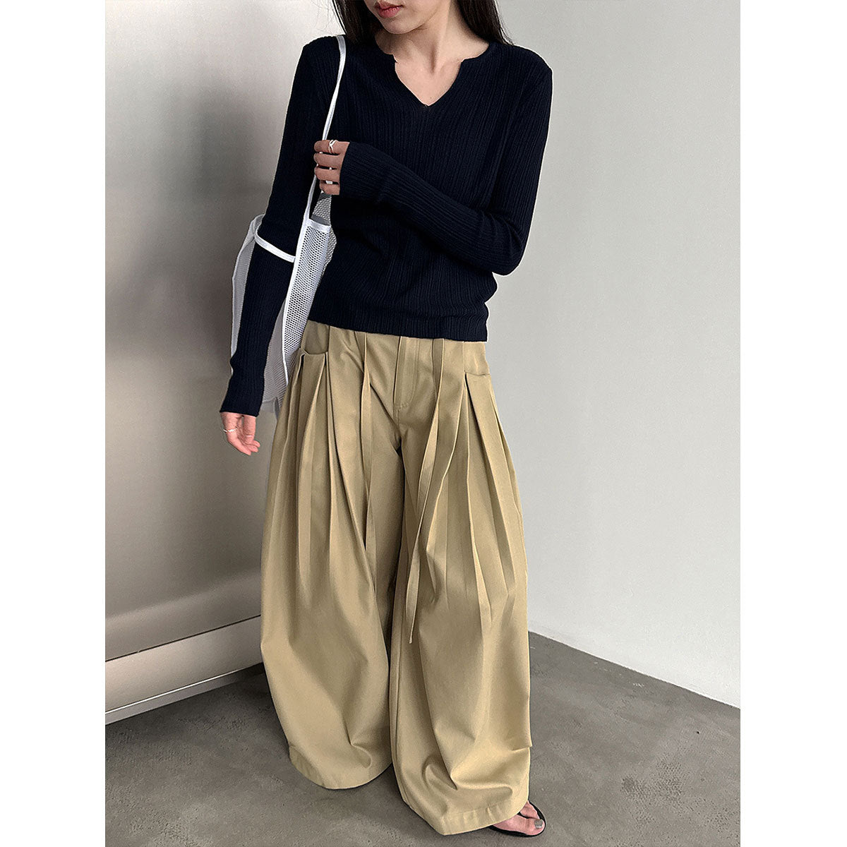 Korean design waist lace-up wide-leg pants women's 26 spring new pleated versatile casual pants