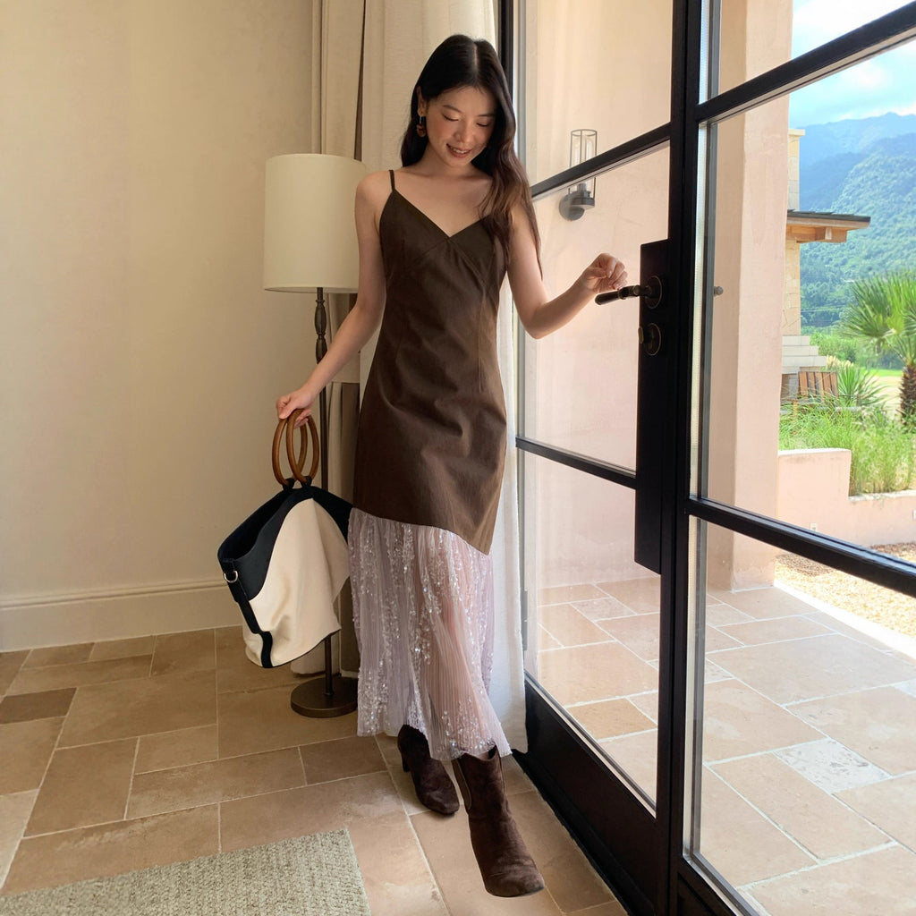 Temperament sequined splicing hem suspender dress