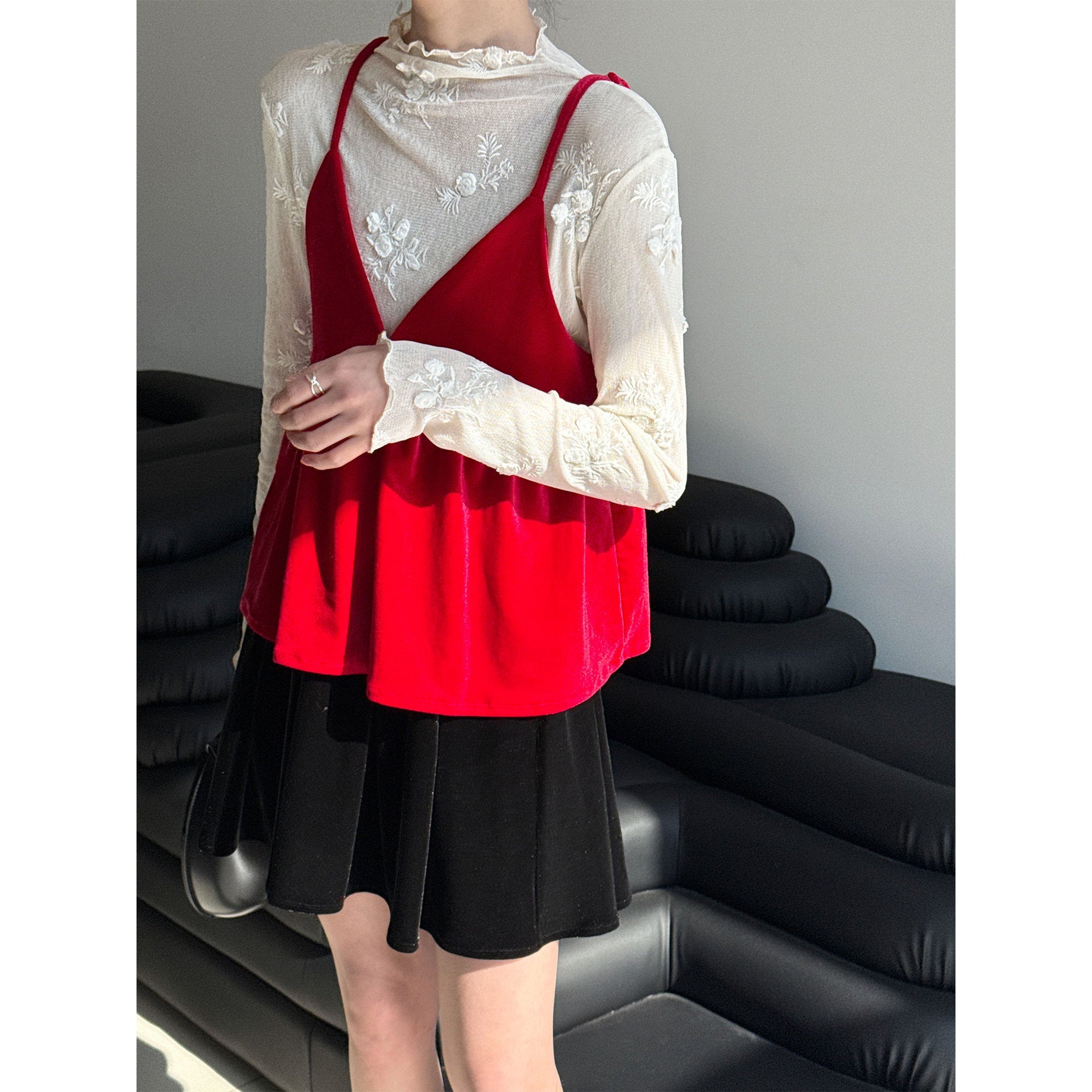 Korean temperament stacked high-end velvet sling vest spring v-neck meat-covering top