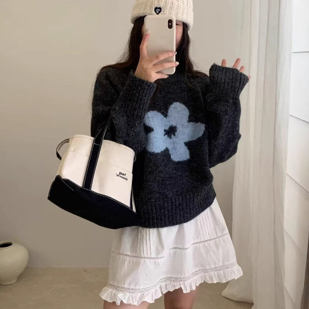 Floral Korean Soft Knit Loose Pullover Sweater