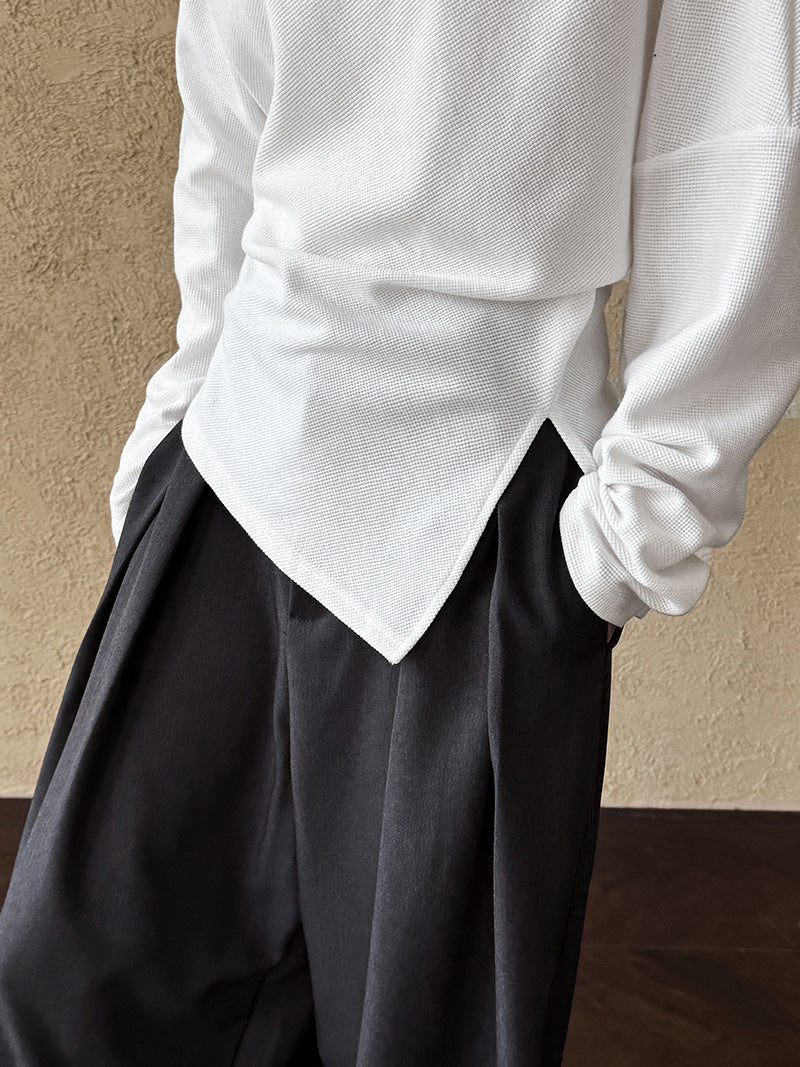 High-end irregular slanted shoulder sweater women's new niche design pleated split waist top