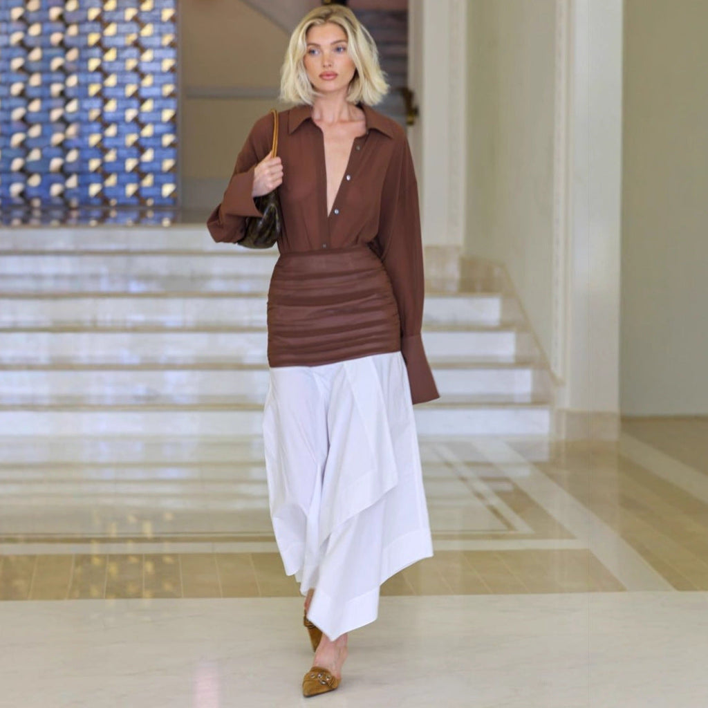Fashion stitching irregular long dress pleated waist sexy dress