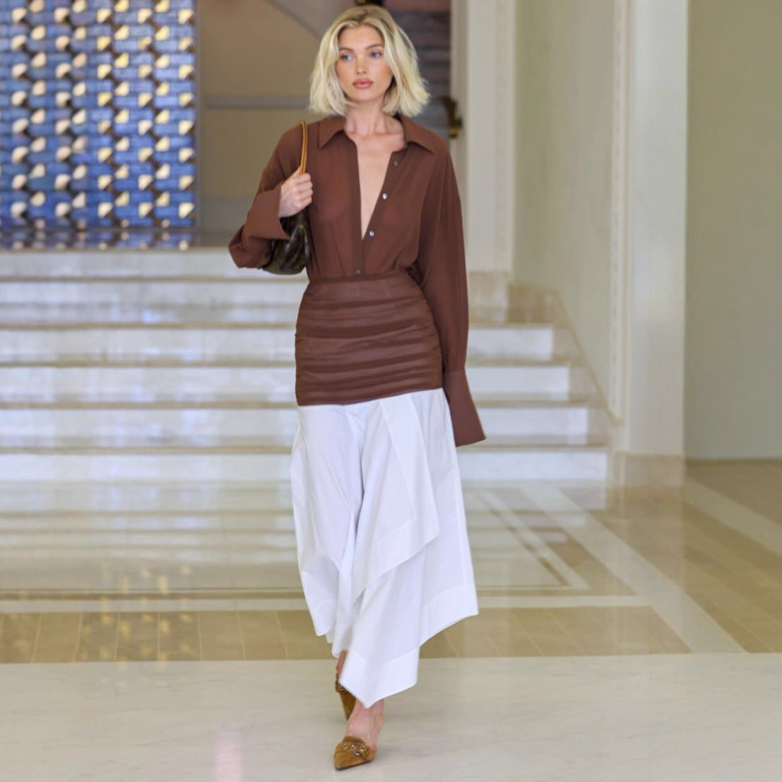 Fashion stitching irregular long dress pleated waist sexy dress