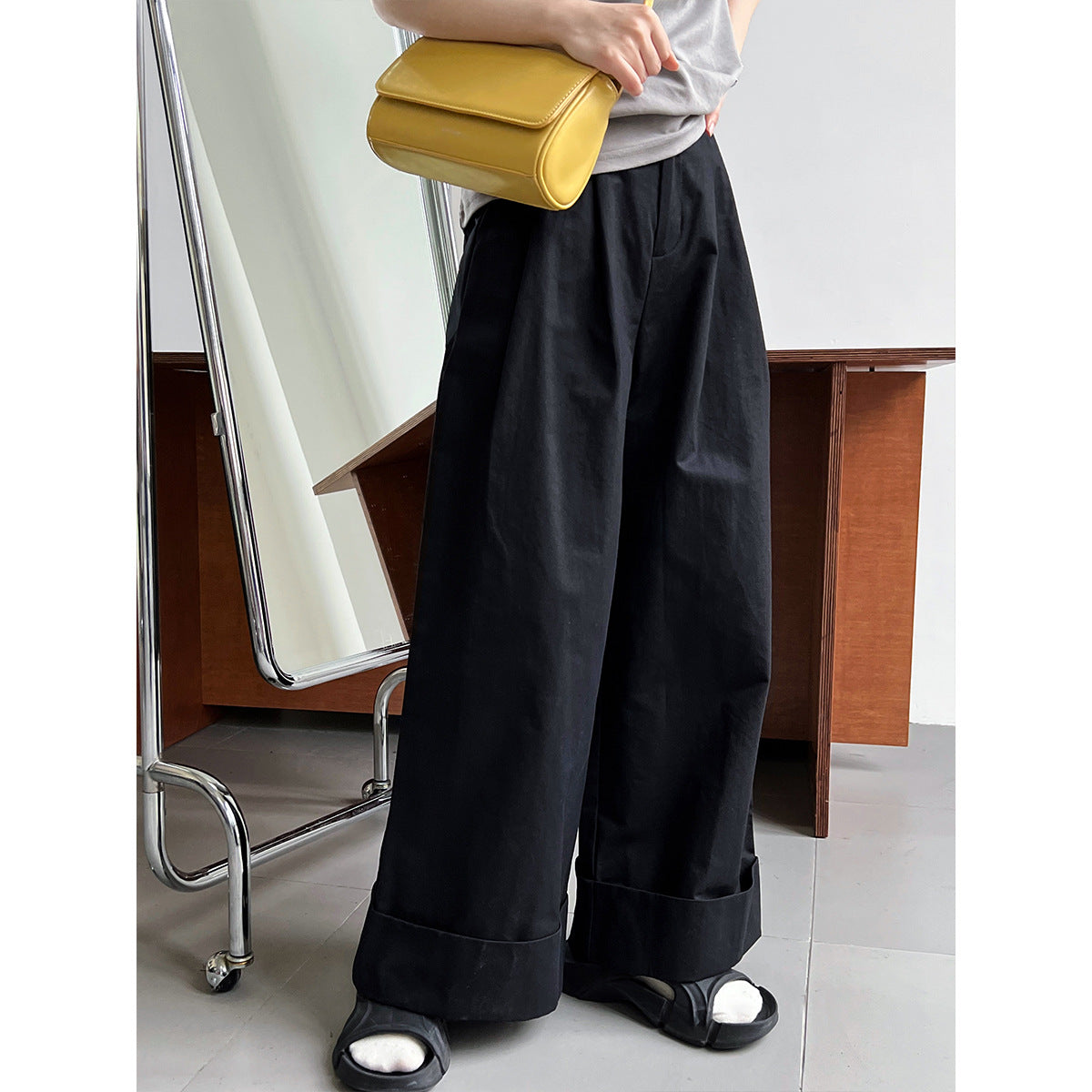 Big Pant Leg~ Washed Cotton Suit Pants Long Pants Women's Summer Skinny Meat Cover Casual Curled Wide Leg Pants
