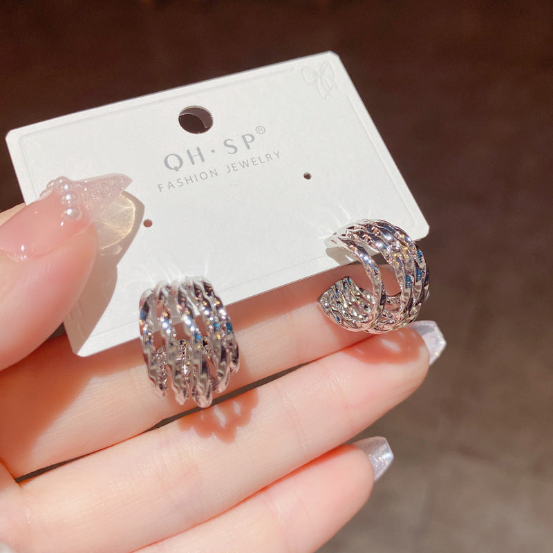 S925 Silver Needle Fashion Simple Retro Twist Multi-layer Stud Earrings Internet celebrities Cold Wind Earrings Earrings