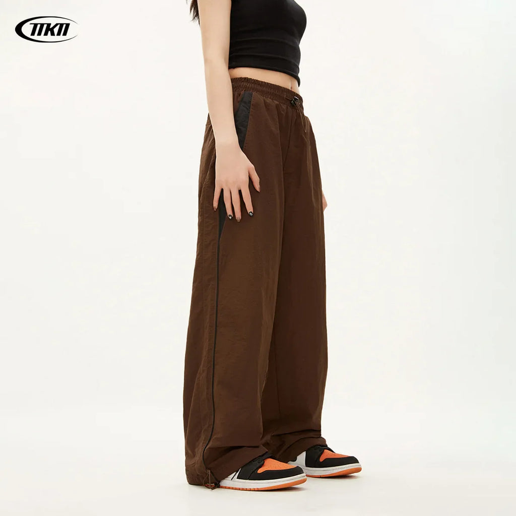 High Waist Wide Leg Patchwork Pants Loose Fit Elastic Waist Pockets