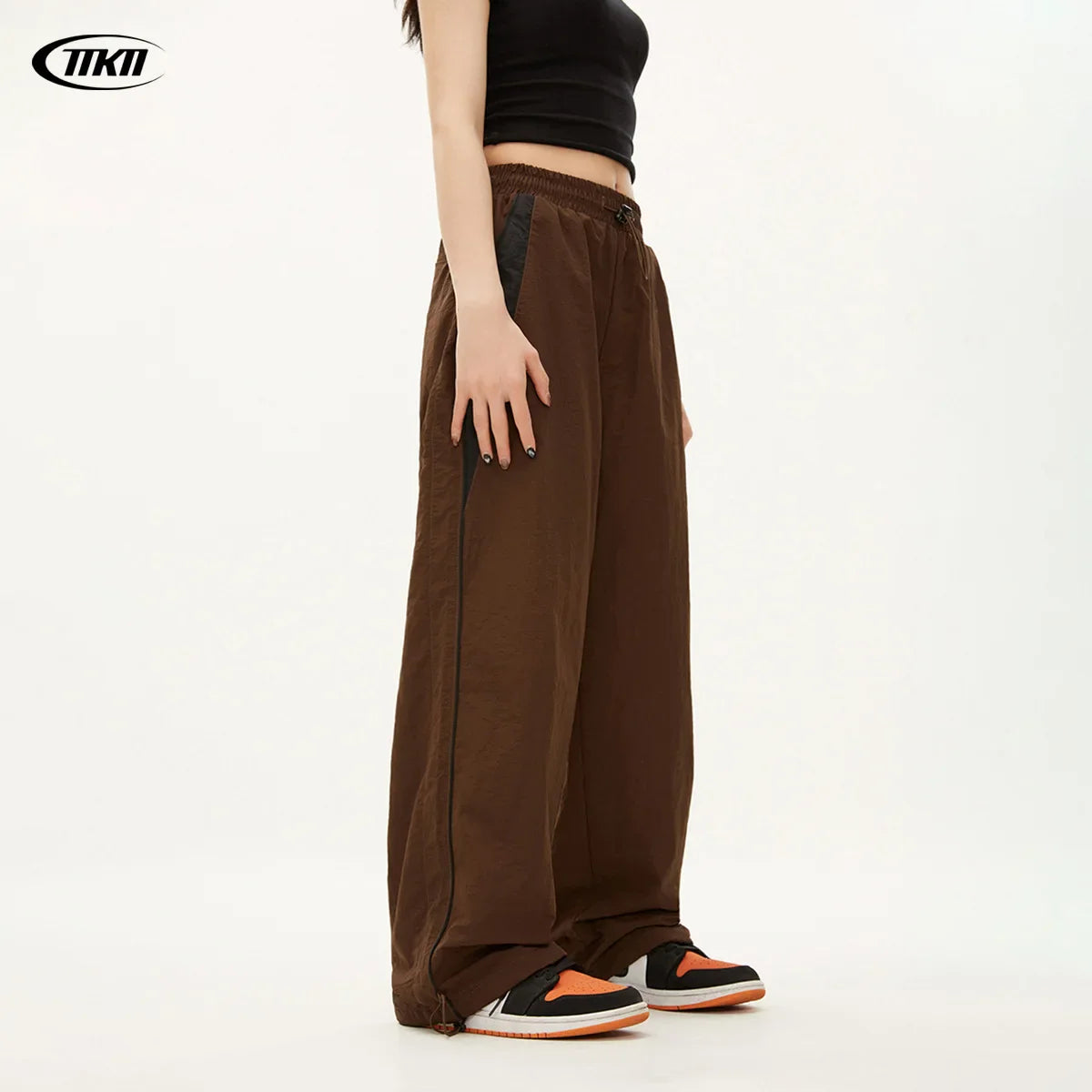 High Waist Wide Leg Patchwork Pants Loose Fit Elastic Waist Pockets