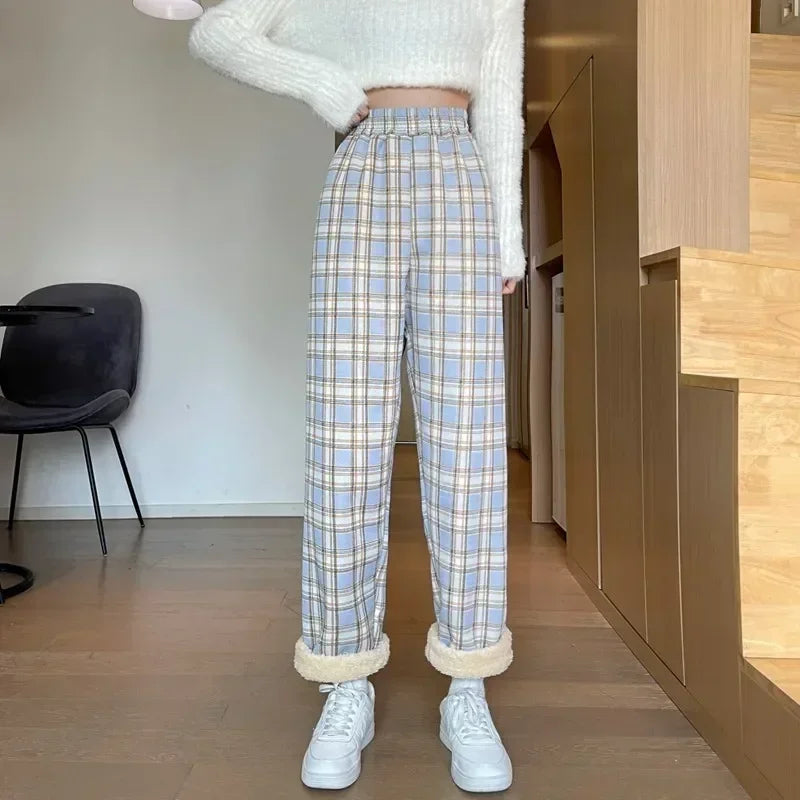 Plaid Wide Leg Plush Pants Warm Cashmere Loose Mid Waist Casual
