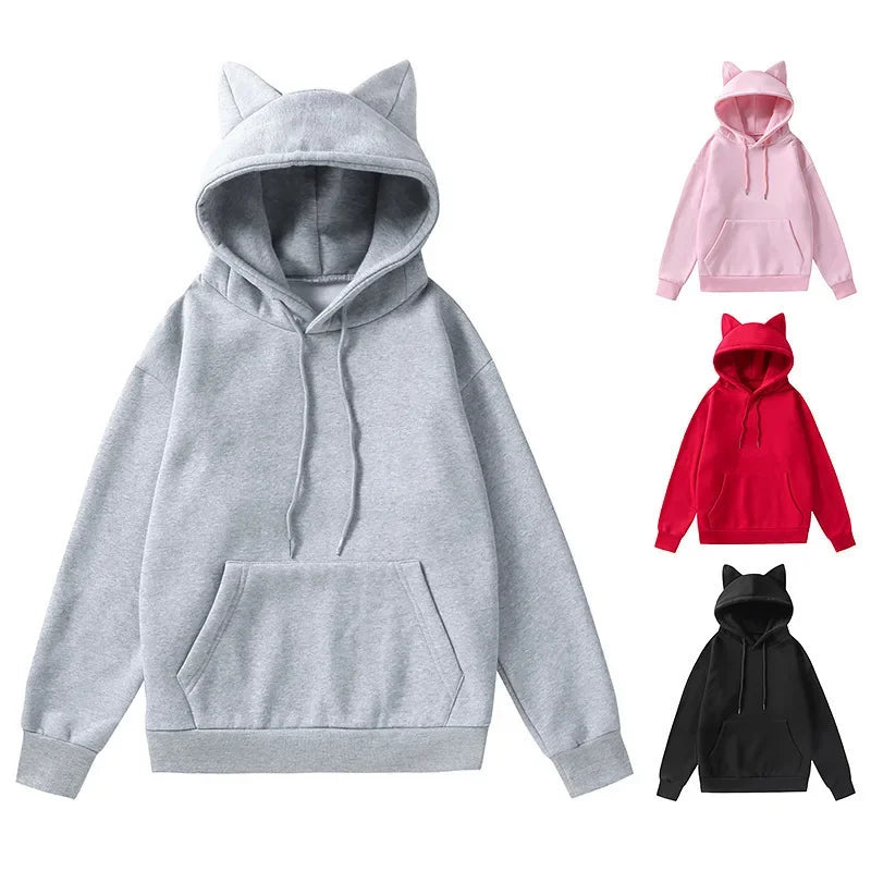 Cat Ear Hooded Fleece Sweater | Women's Cozy Autumn Winter Pullover