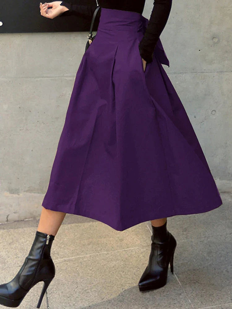 Women's A-Line Skirt - High Waist Preppy Style with Bow