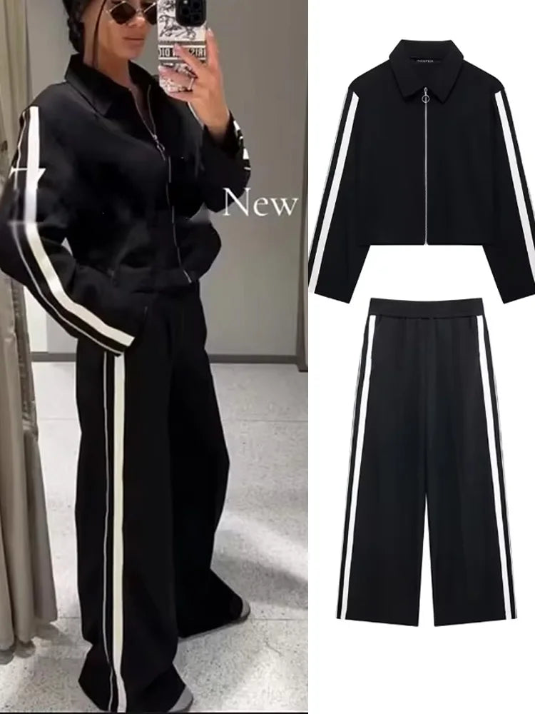 Patchwork Zip-Up Jacket & Wide Leg Pants Set