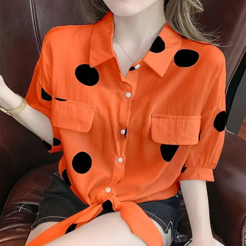 Women's Turn-Down Collar Sleeveless Polka Dot Chiffon Blouse