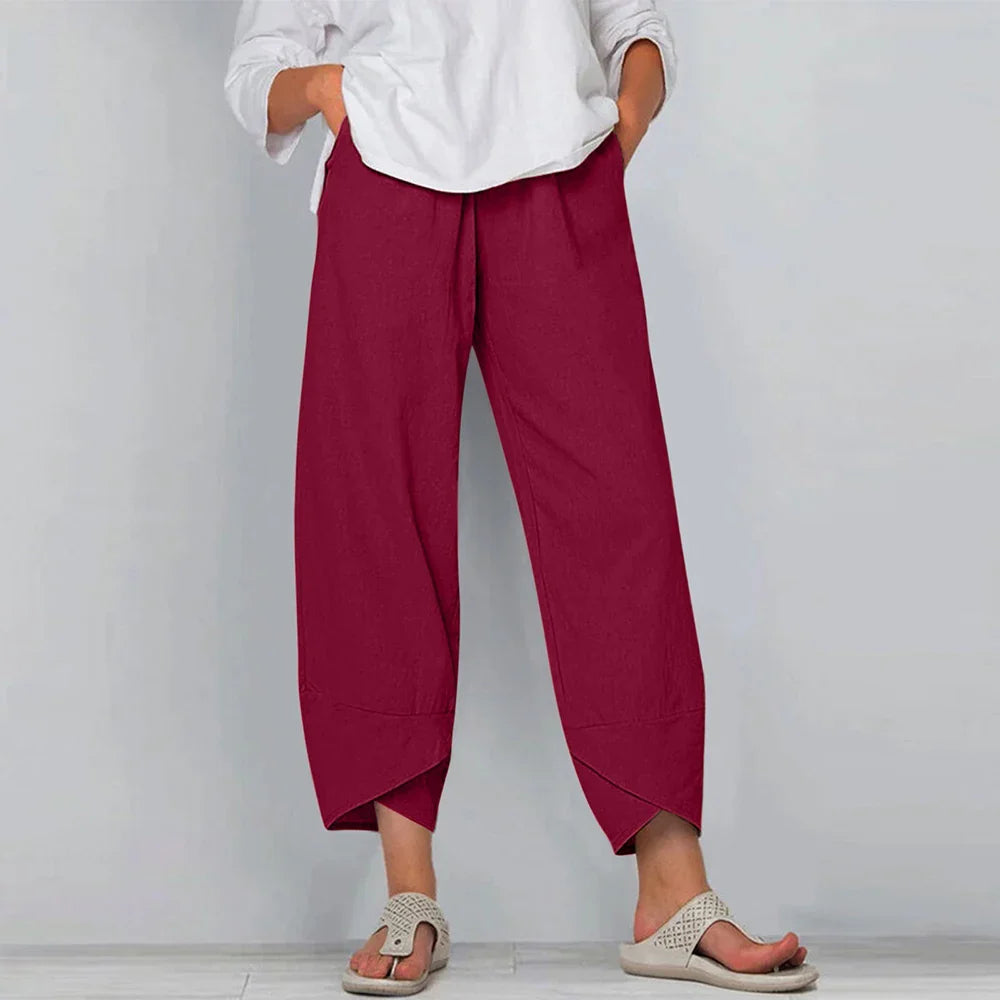 High Waist Harem Pants Cotton Linen Patchwork Pockets Loose Fit