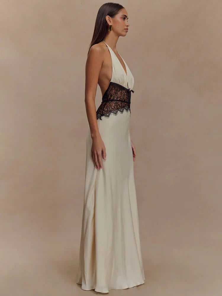 Backless Lace Halter Deep V Neck Maxi Dress | Women's Elegant Evening Gown