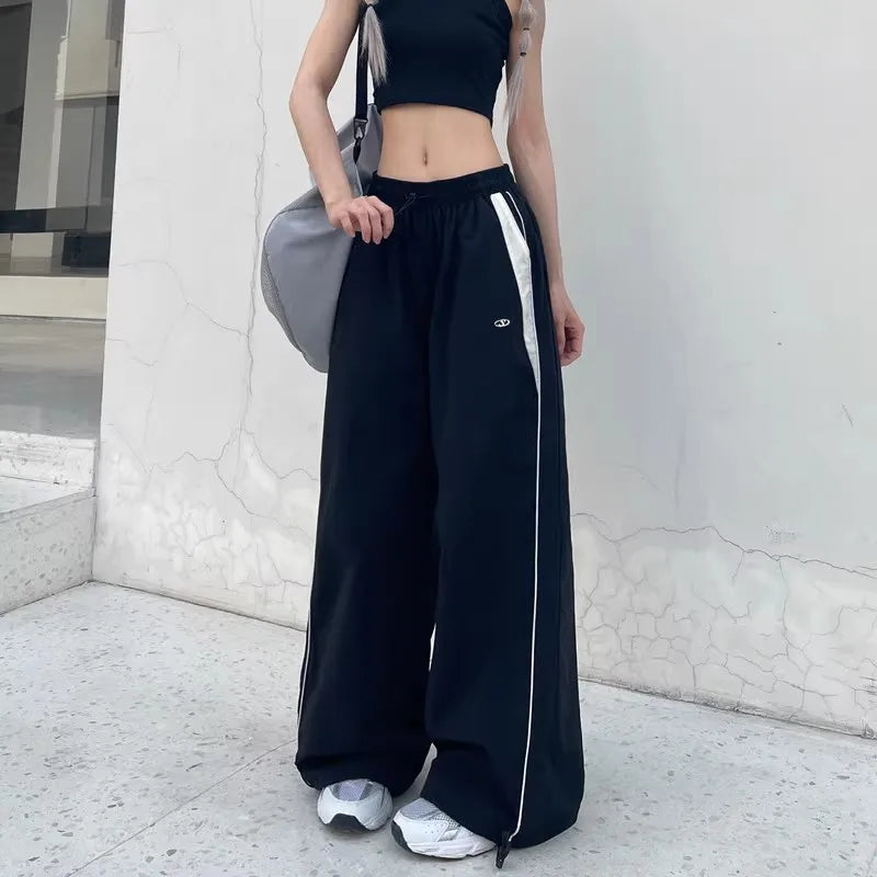 High Waist Wide Leg Patchwork Pants Loose Fit Elastic Waist Pockets