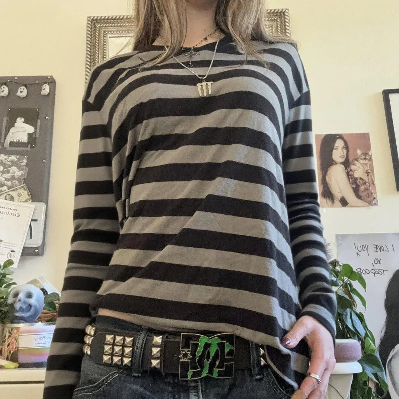 Striped Long Sleeve T-Shirt Women V-Neck Baggy Top