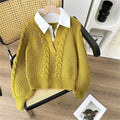 Turn-Down Collar Layered Knit Sweater Long Sleeve Slim Fit