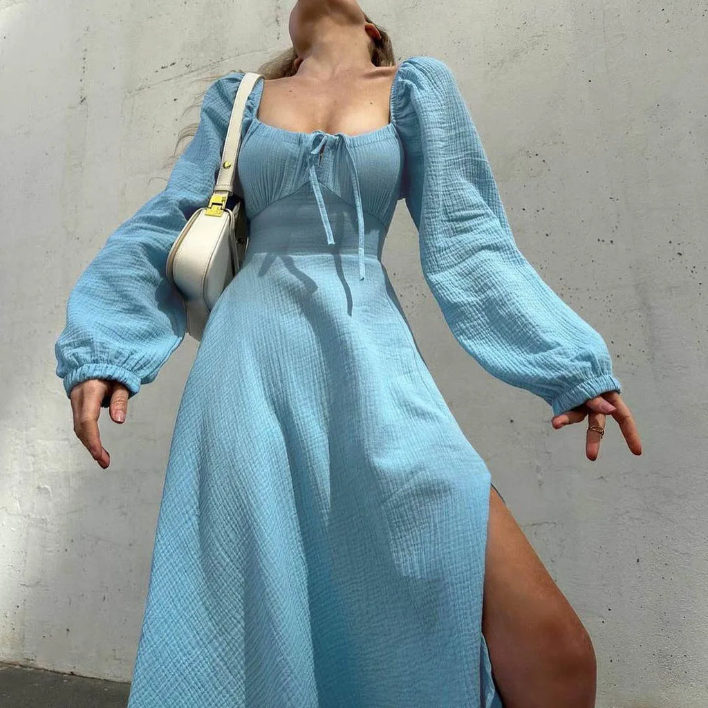 Lace-Up Square Collar Sexy Dress Women Lantern Sleeve Cotton Slit Midi Dress Streetwear