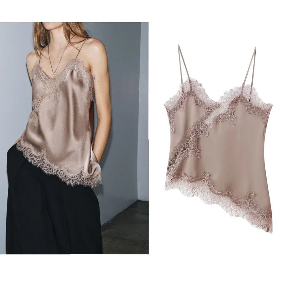 Combhasaki Women Floral Lace Trim Satin High Low Vest Silk Spaghetti Strap Side Split Asymmetrical Cami Flowy Silky Layering Top
