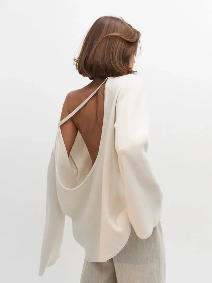 Round Neck Backless Knit Sweater Long Sleeve Loose Fit Hollow-Out