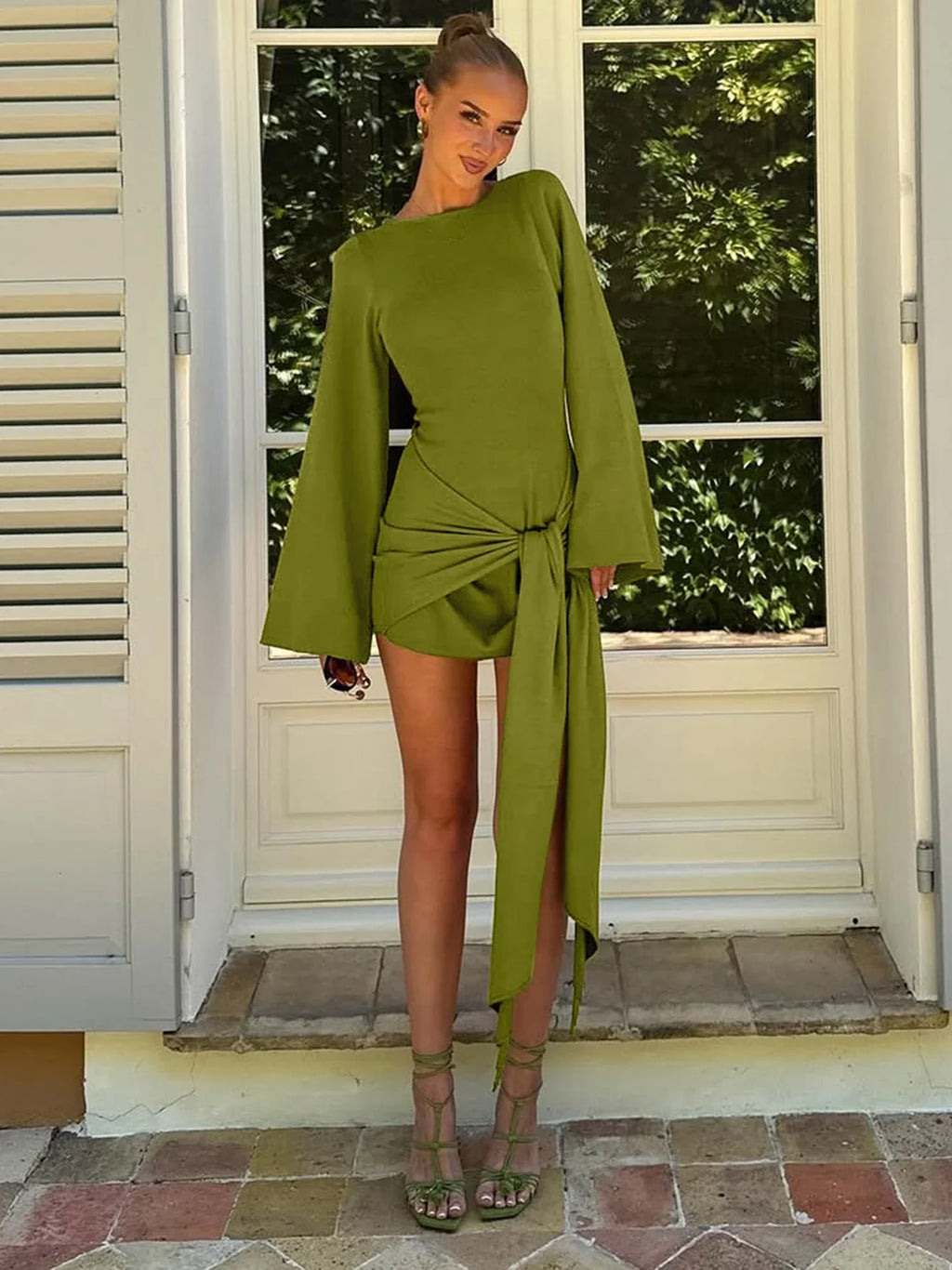 Elegant O-Neck Long Sleeve Slim Fit Lace Up Mini Dress Ladies Solid Casual Clothes Party Club Outfit