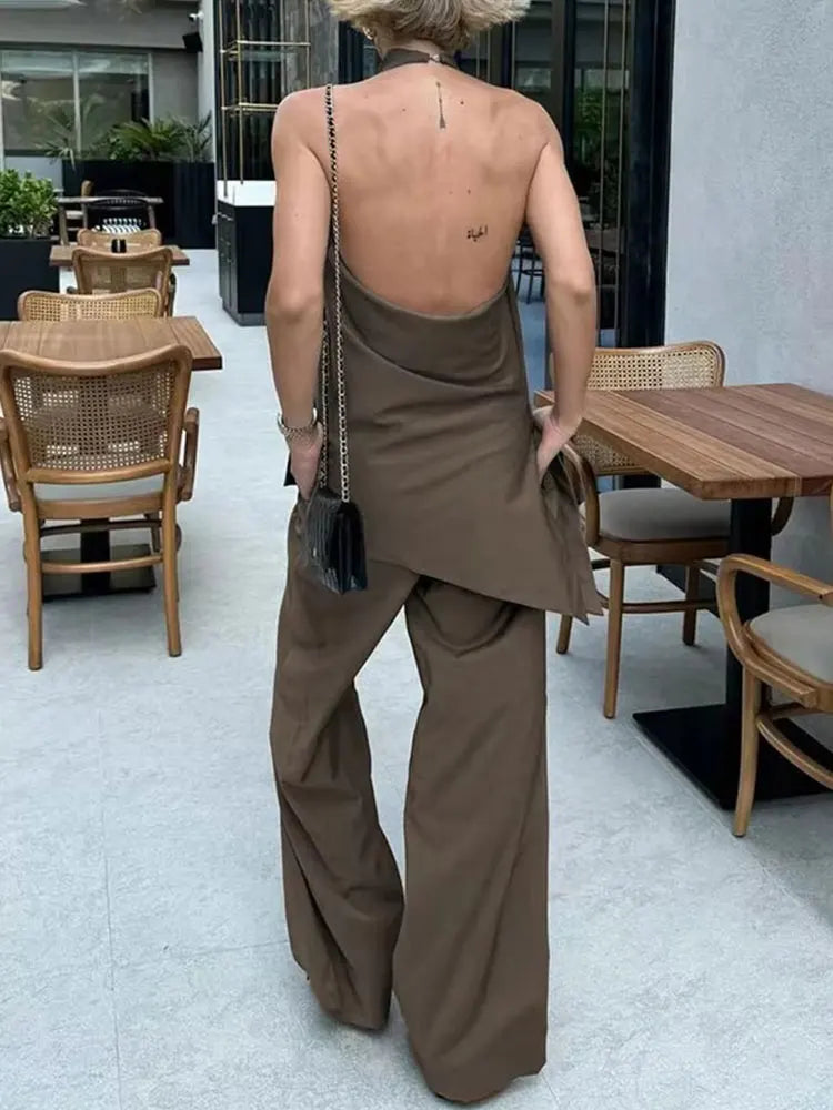 Backless Halter Top & Wide-Leg Pants Set