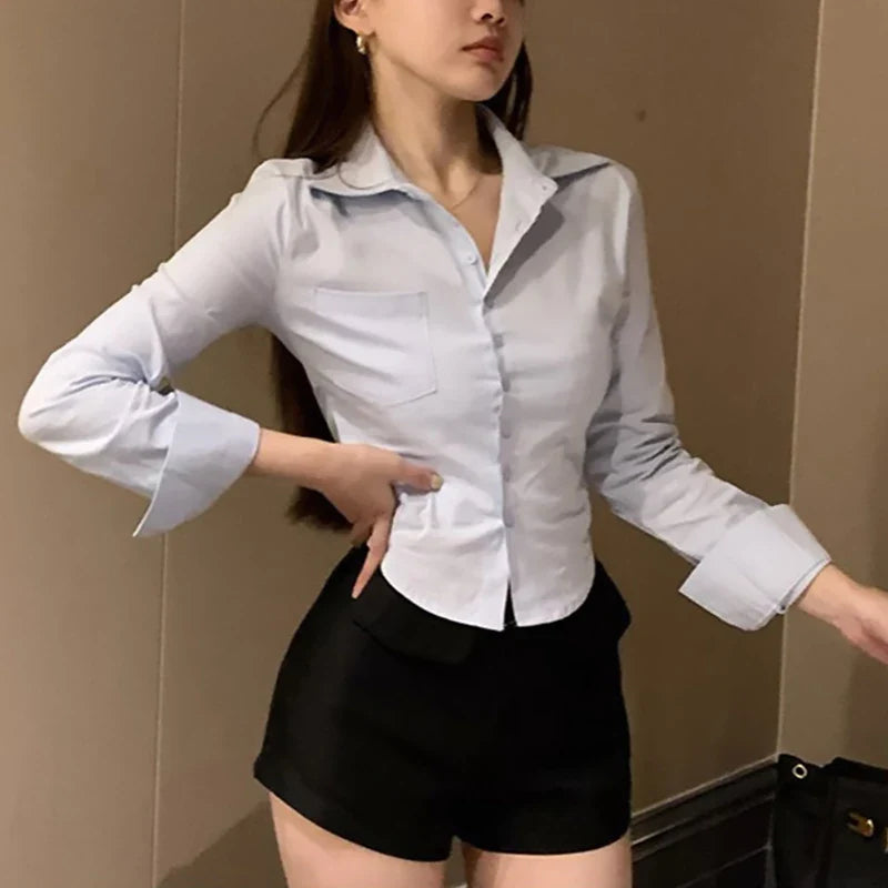 Long Sleeve Crop Chiffon Blouse | Women's Korean Office Button Lapel Top
