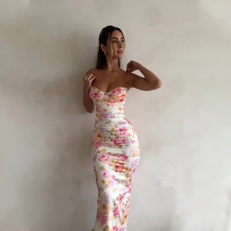 Women's Floral Spaghetti Strap Dress - Sleeveless Slim Fit Maxi