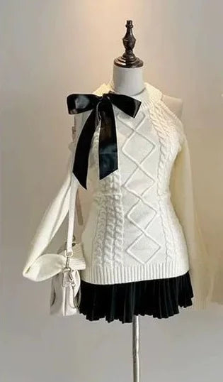 V-Neck Lace Knit Sweater Long Sleeve Loose Fit Pullover with Bow Detail