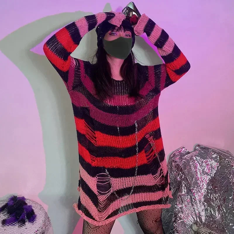 Round Neck Striped Ripped Knit Sweater Long Sleeve Loose Fit Pullover
