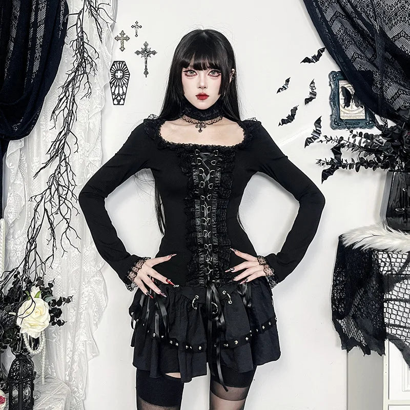 Gothic Lace Trim Long Sleeve Top