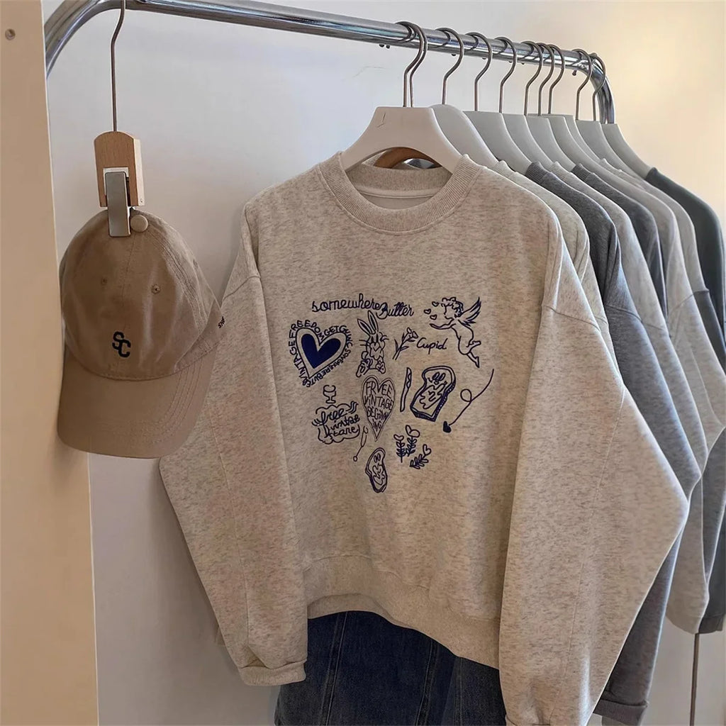 Round Neck Embroidered Cropped Sweatshirt Drop Sleeve Regular Fit