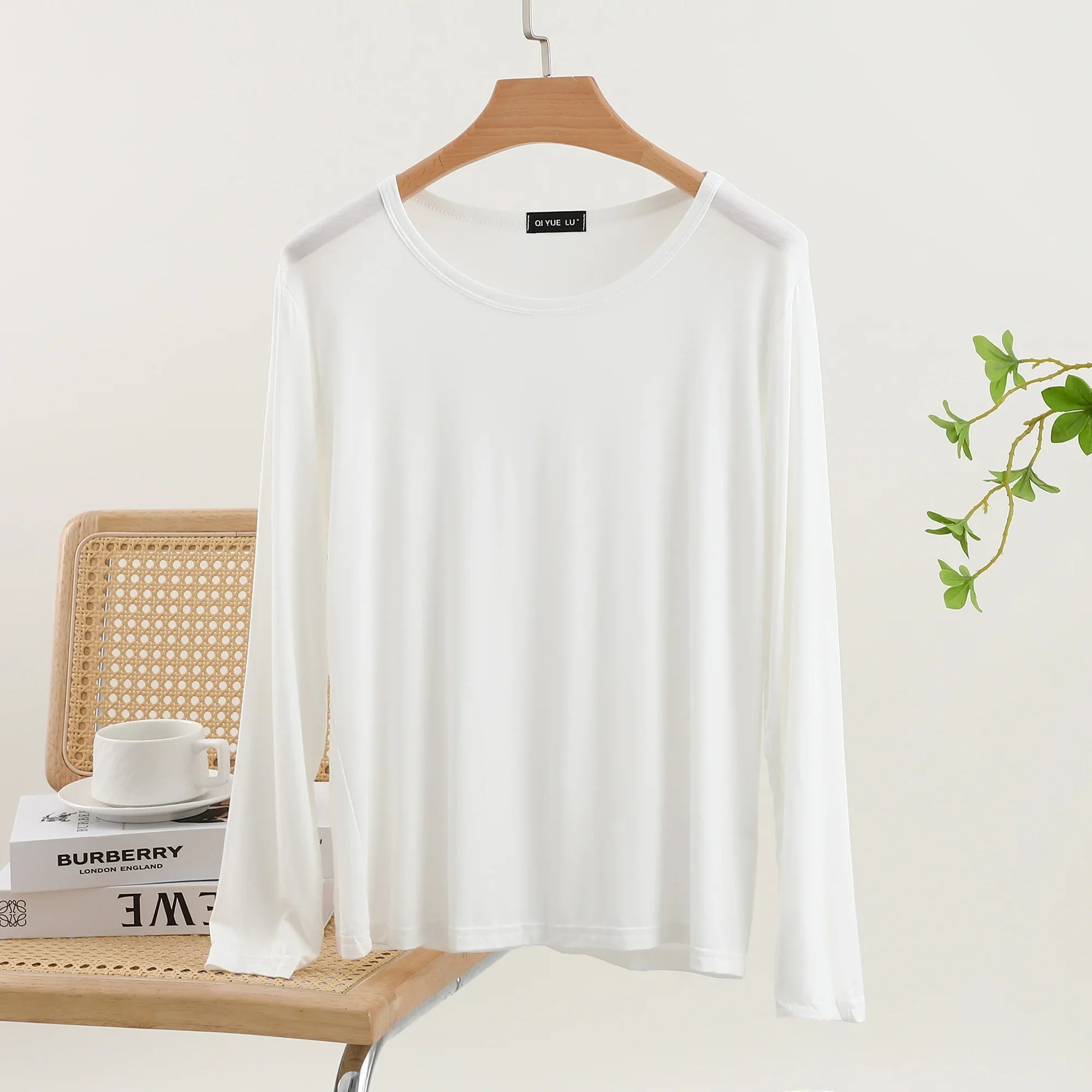 Casual Modal Long Sleeve T-Shirt Women's Spring Thin Round Neck Base Shirt Loose Fit Plus Size Slim Pure Color Top
