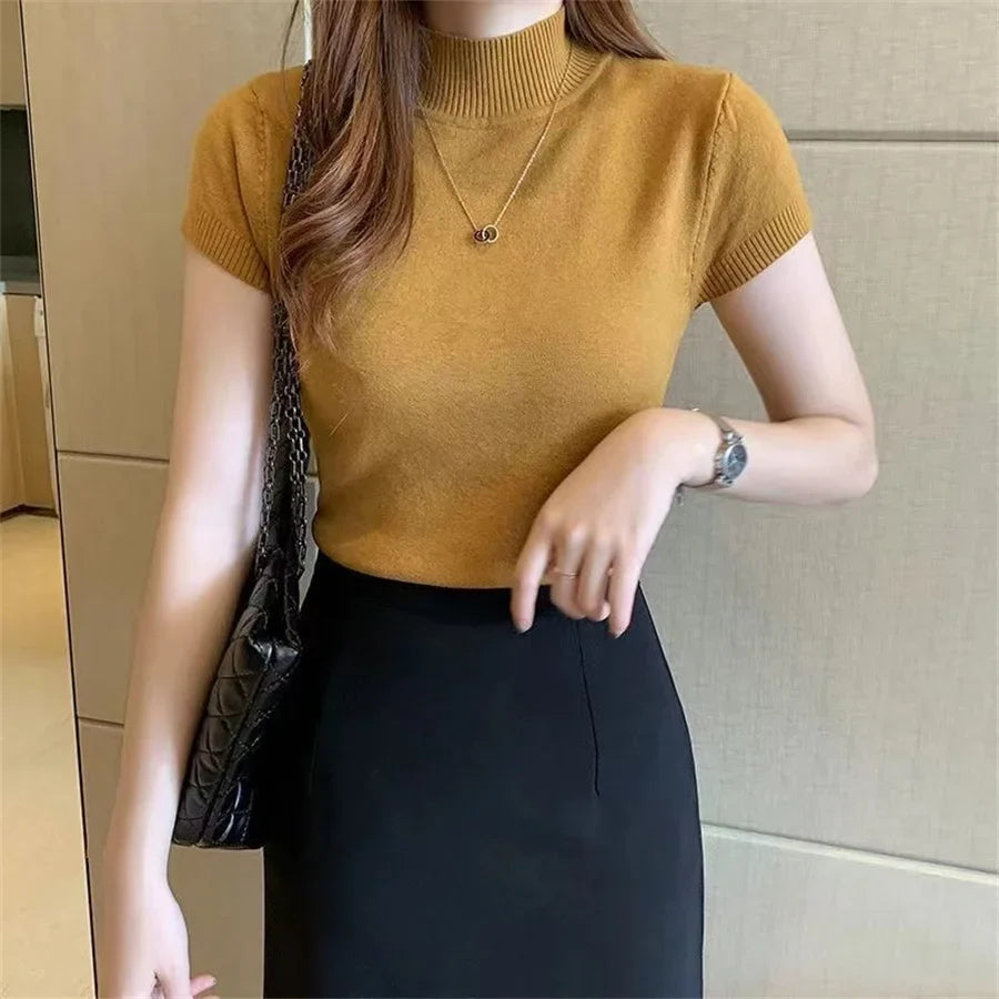 Turtleneck Short Sleeve Knit Slim Top