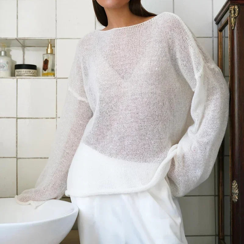 Women's Elegant Slash Neck Sweater - Loose Fit Pullover