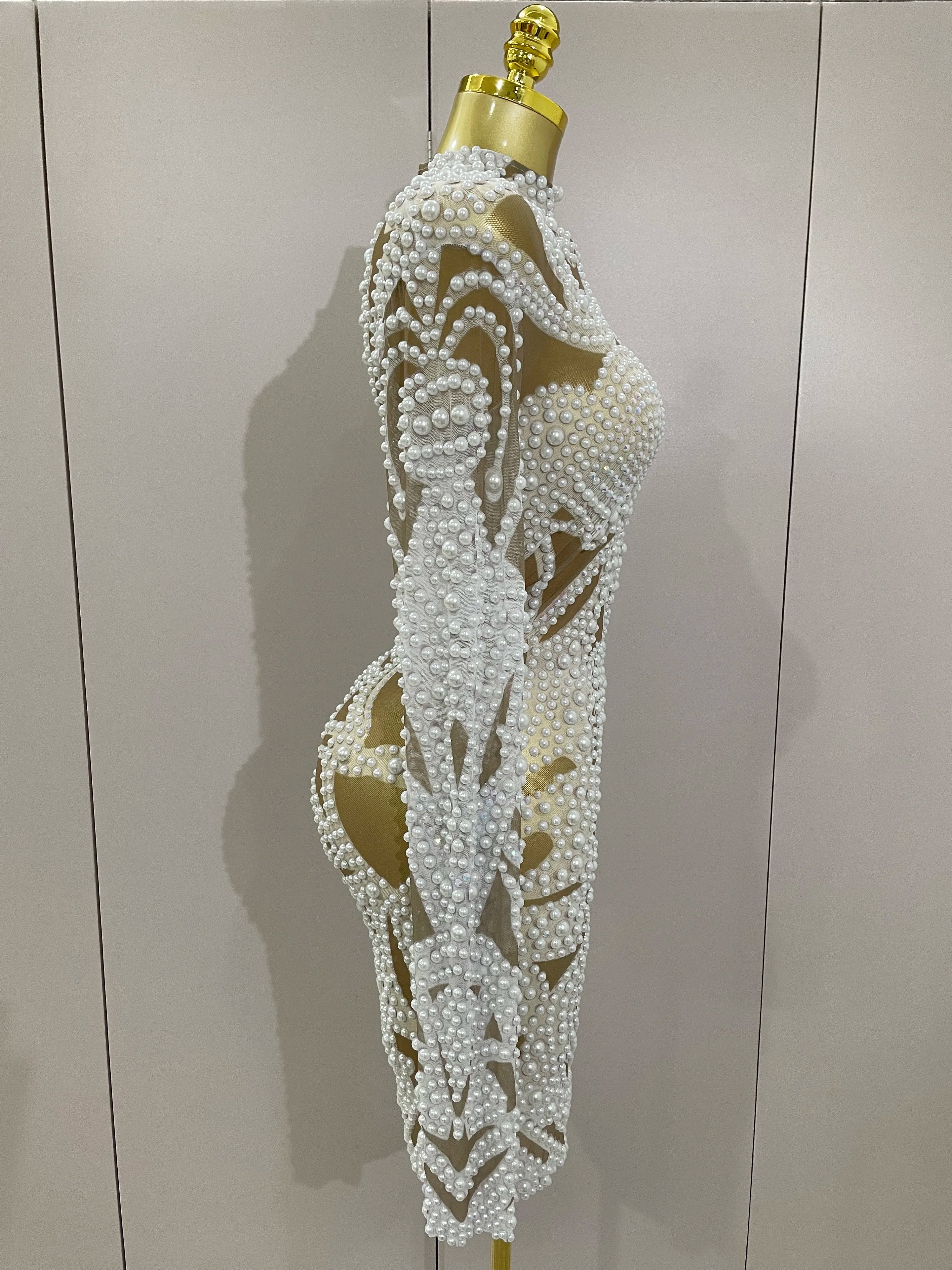 Rhinestone Pearl Mesh Evening Gown