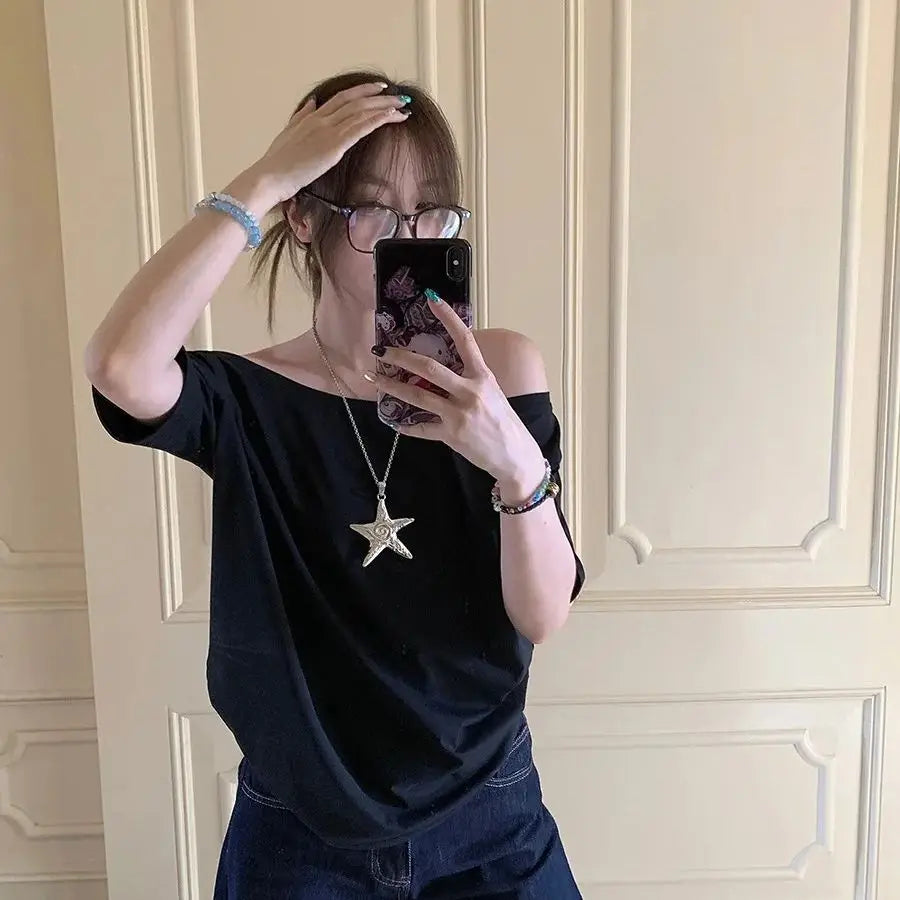 Women's Solid Color Skew Collar Short Sleeve T-Shirt