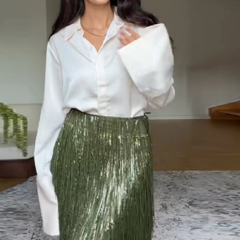 Women's High-Waist Tassel Pencil Midi Skirt