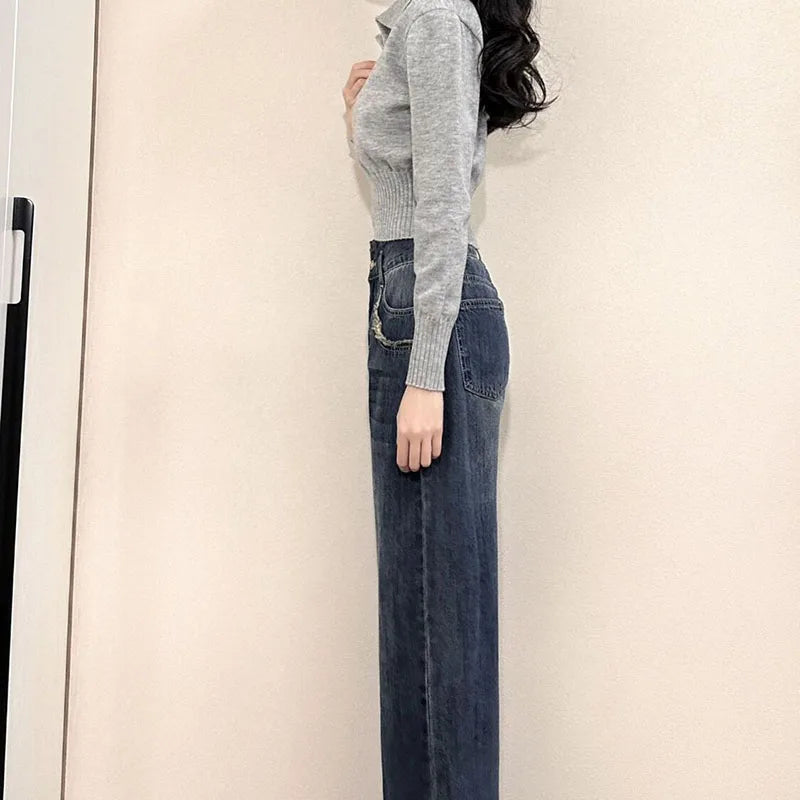 Button-Up Collar Cropped Knit Sweater Long Sleeve Slim Fit