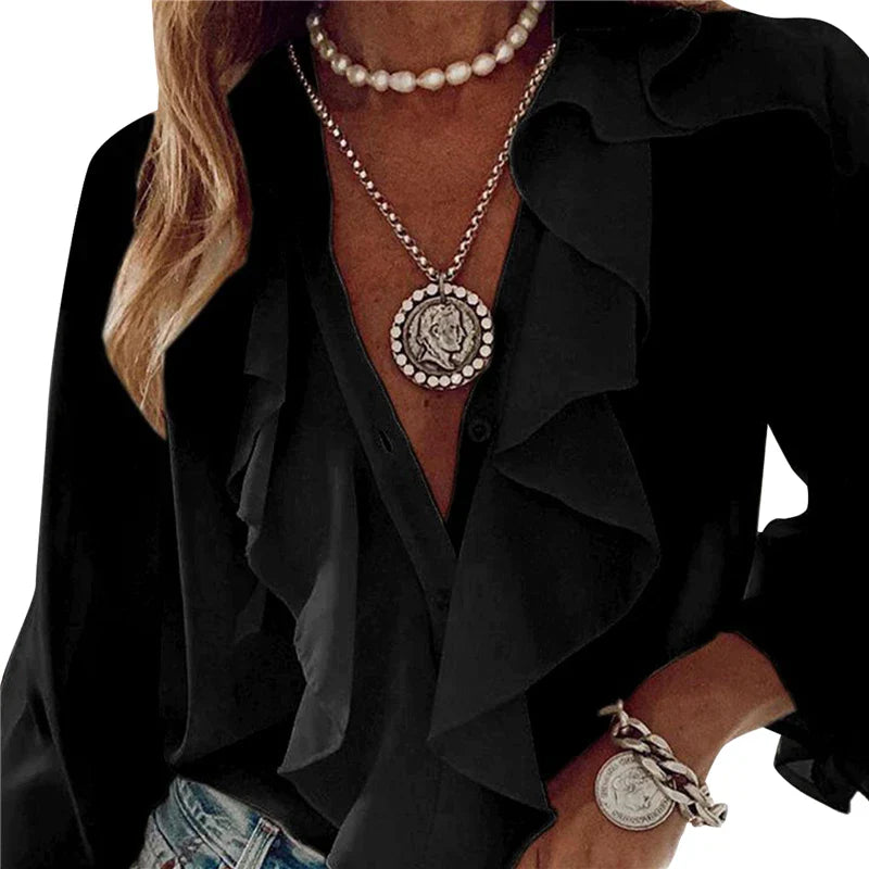 Women's Chiffon Blouse - V-Neck Ruffled Long Sleeve Loose Fit Top