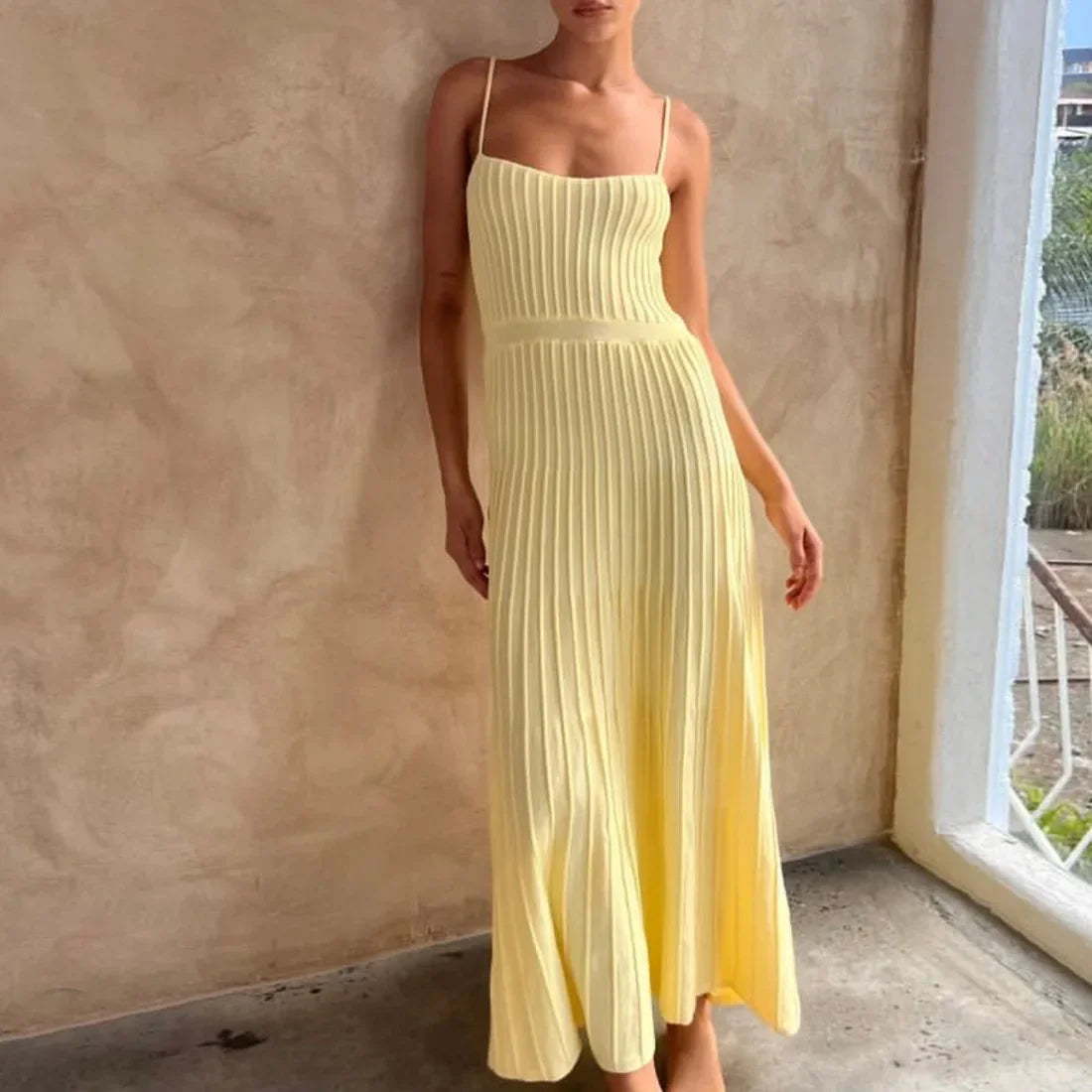 Knitted Pleated Midi Dress High Waist Sleeveless Sling Dress Women Bodycon Streetwear