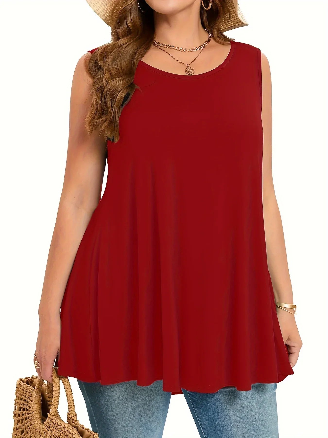 Plus Size Solid Tank Top Women Casual Crew Neck Sleeveless