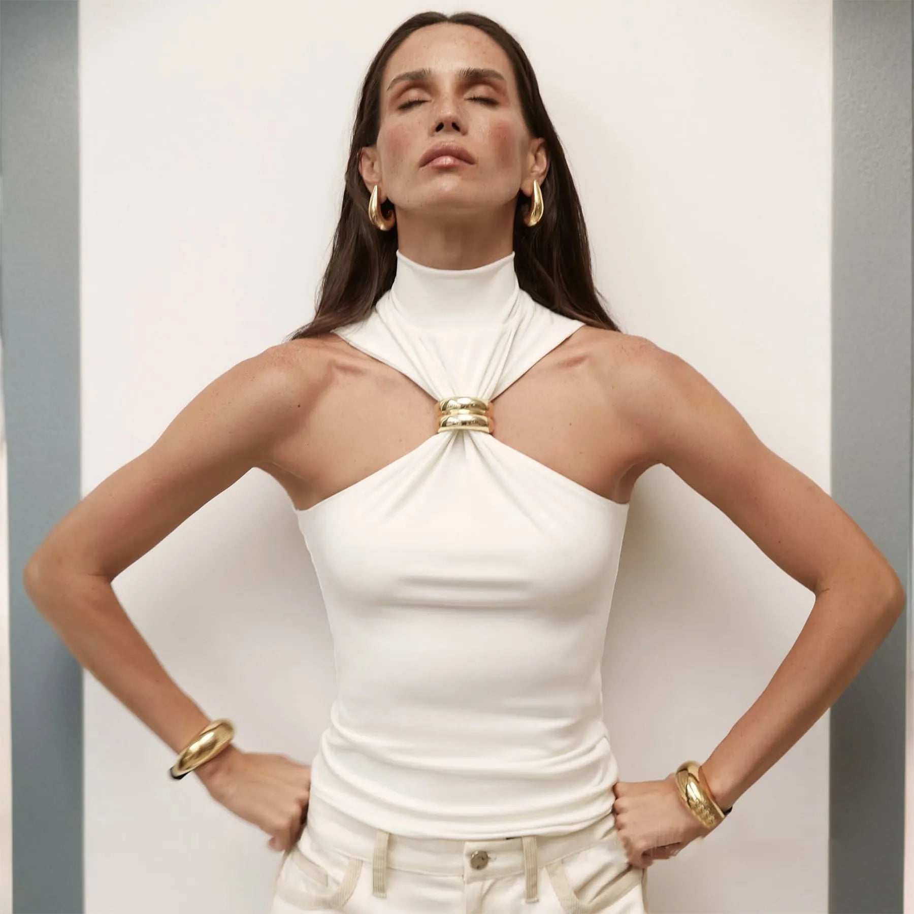 Turtleneck Metal Ring Sleeveless Knit Crop Tank Top