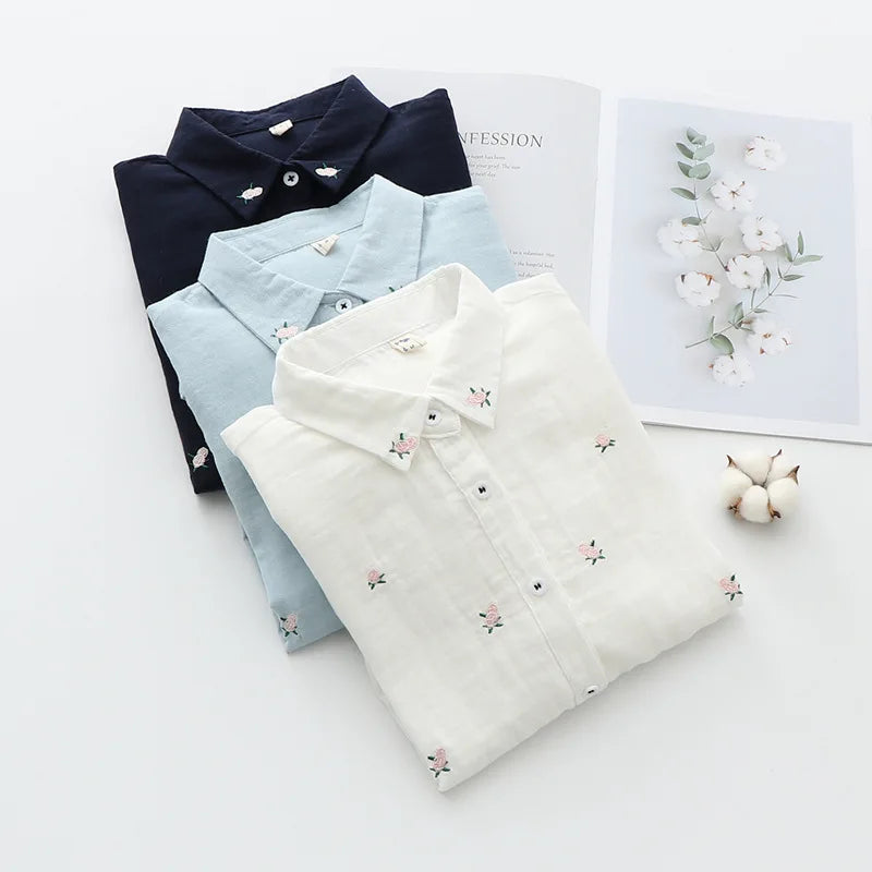 Women's Embroidered Cotton Shirt - Long Sleeve Floral Blouse