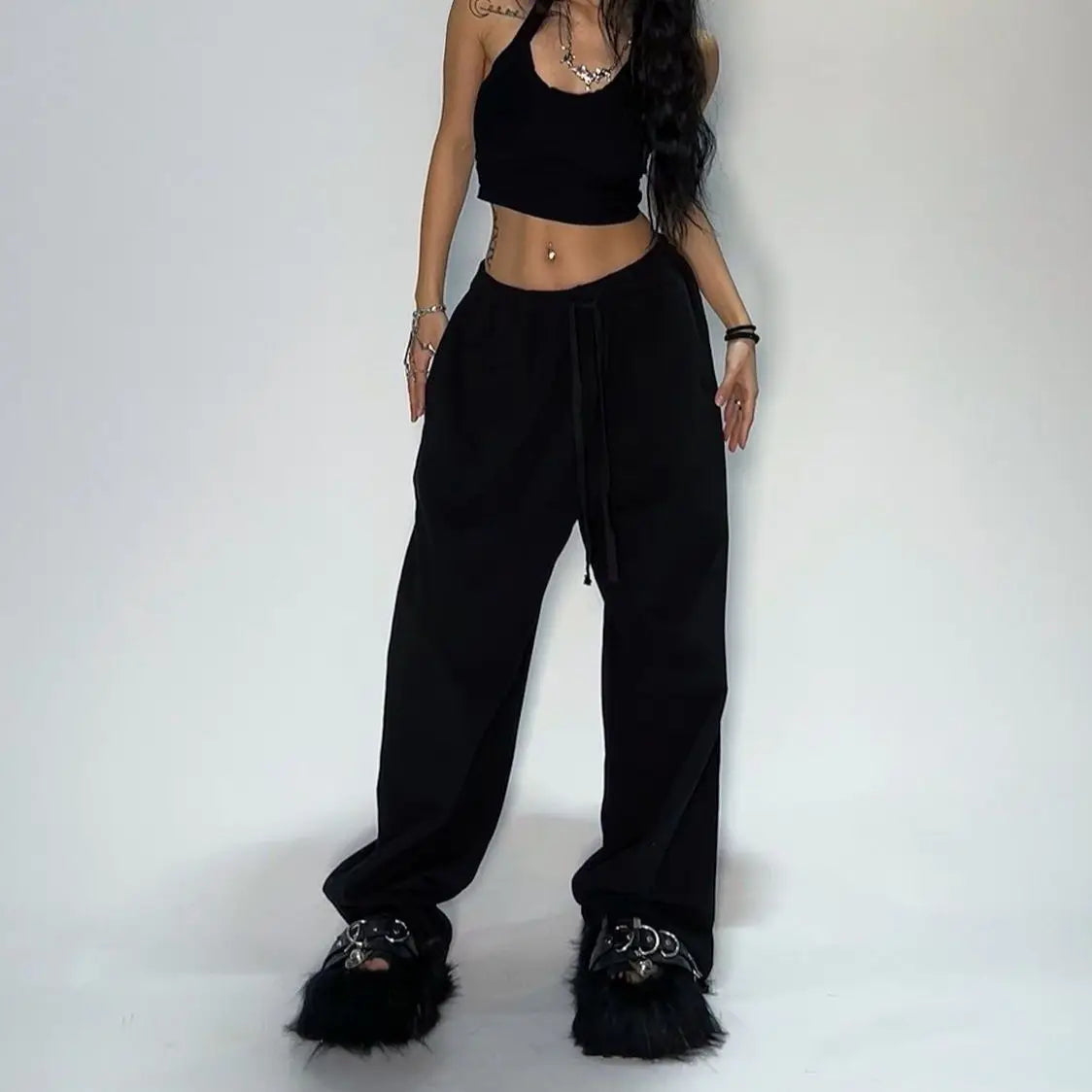 Cargo Pants Wide Leg Mid Waist Drawstring Pockets Loose Fit