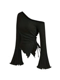 Off-Shoulder Trumpet Sleeve Top | Women's Slim Fit Asymmetric Elegant Tee