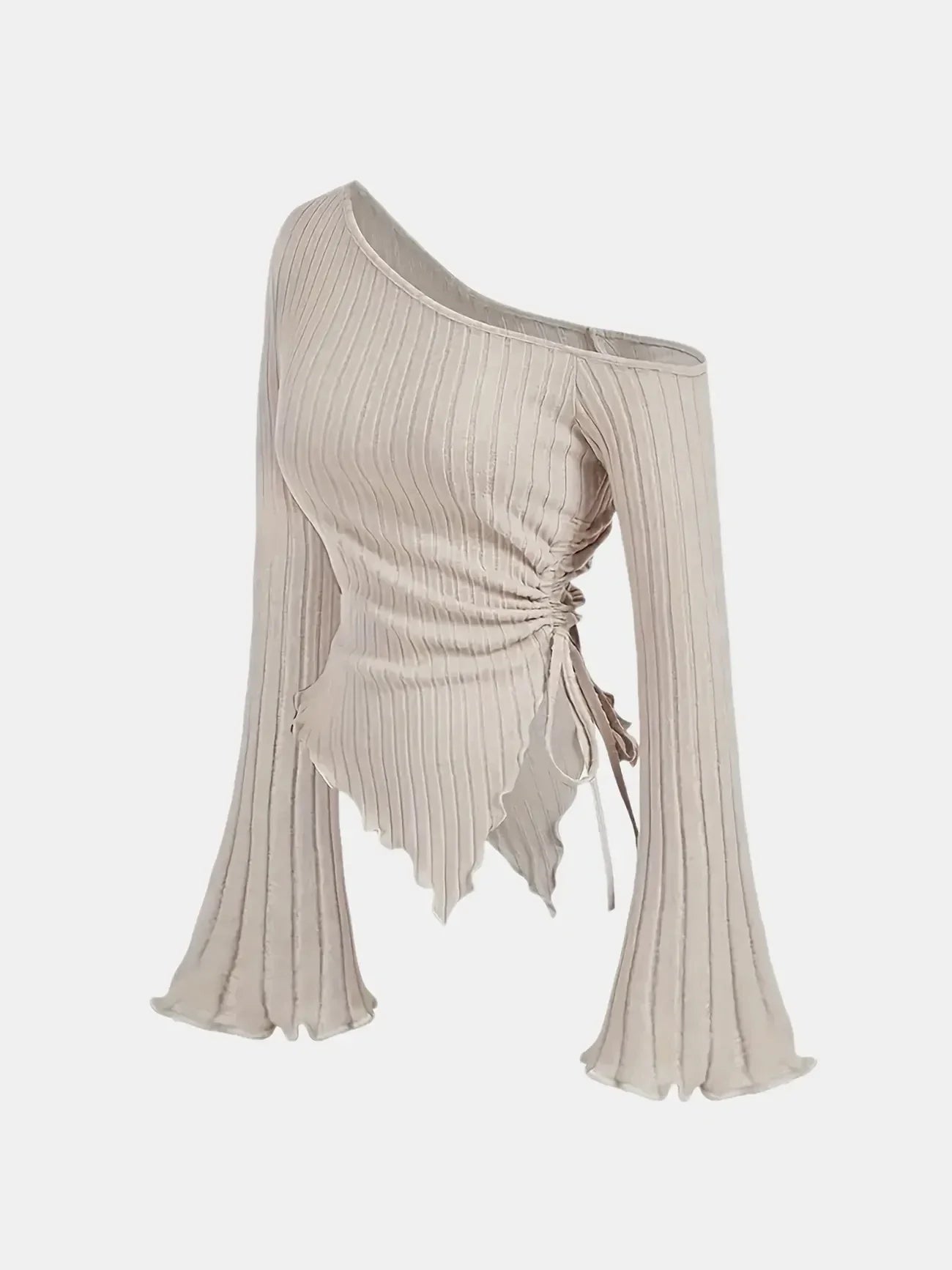 Off-Shoulder Trumpet Sleeve Top | Women's Slim Fit Asymmetric Elegant Tee